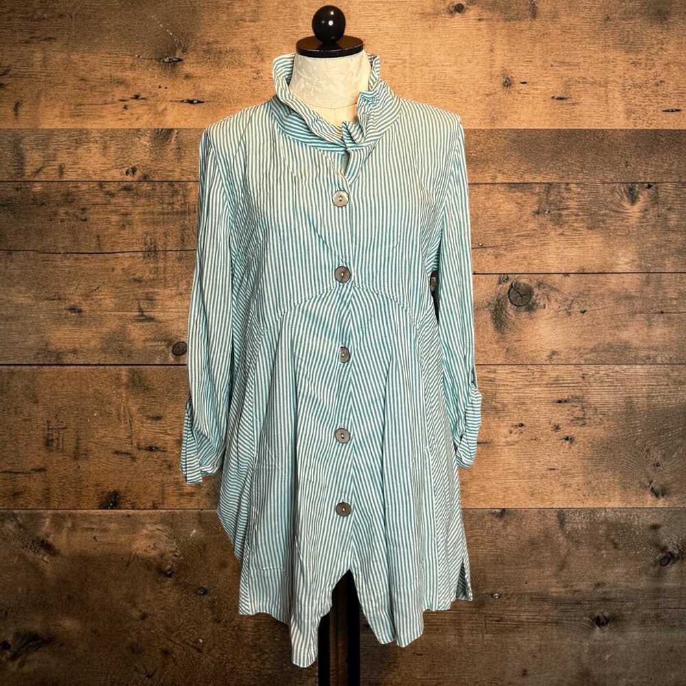 Soft Surroundings Tunic Blouse Teal Green White Striped Button Down Viscose Sz L